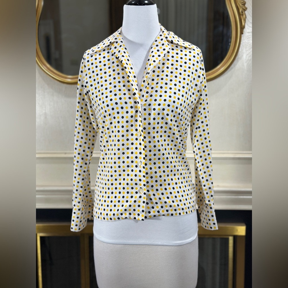 Vintage Teddi‎ of California Polka Dot Button Down Yellow & Black Dot Print